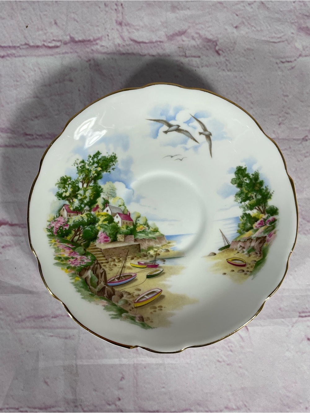 Vintage Regency English Coastal Village Bone China Footed Teacup and Saucer Set - Picture 6 of 11